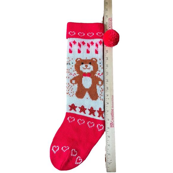 Vintage Style Knit Holiday Stocking With Teddy Bear Candy Cane Pom Pom Christmas - Picture 3 of 3